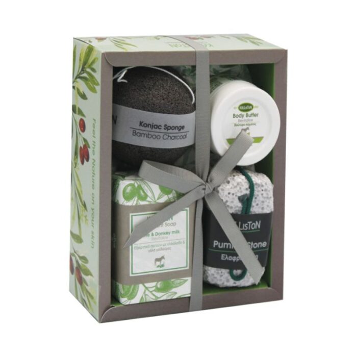 Σετ Δώρου | Βούτυρο Σώματος με Γάλα Γαϊδούρας, Σαπούνι, Σφουγγάρι & Ελαφρόπετρα Kalliston
